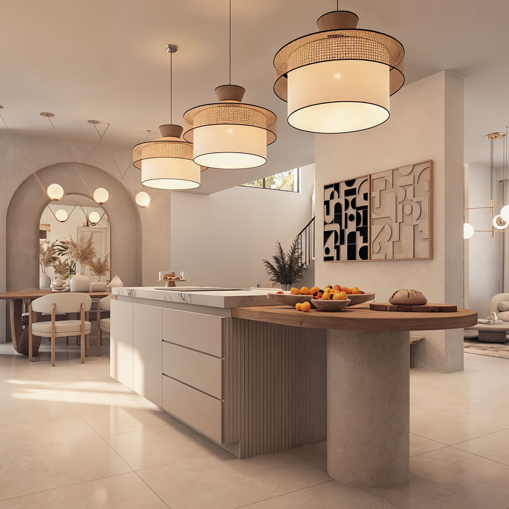 Elegant kitchen design with tiered pendant lighting, marble island, and warm neutral tones
